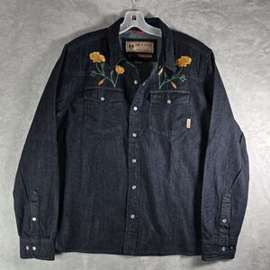 Iron & Resin Field Denim Shirt Men Sz M Medium Indigo Pearl Snap Poppy Embroider